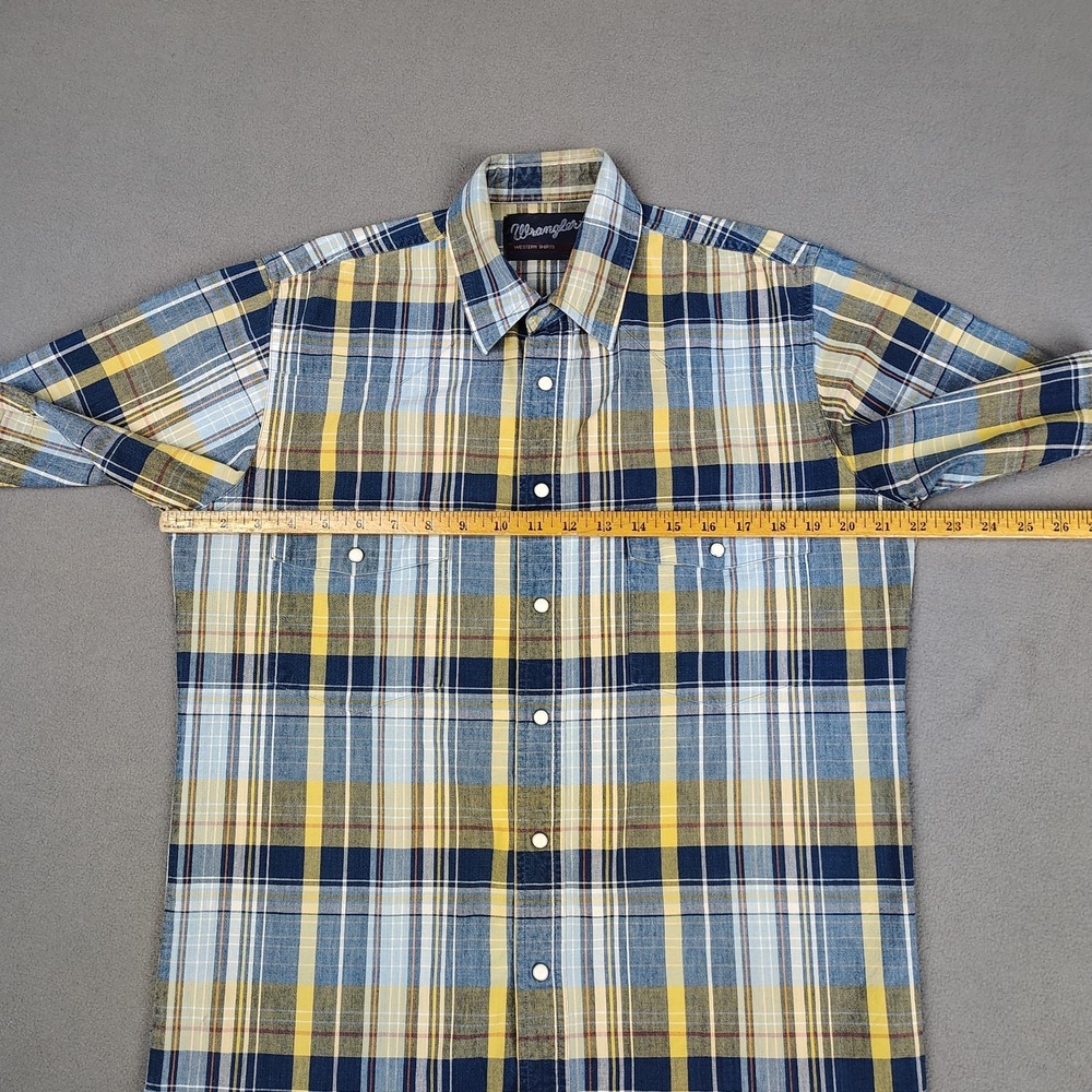Vintage Wrangler Pearl Snap Short Sleeve Large Blue Yellow Plaid Heavy Long Tail - Picture 3 of 7